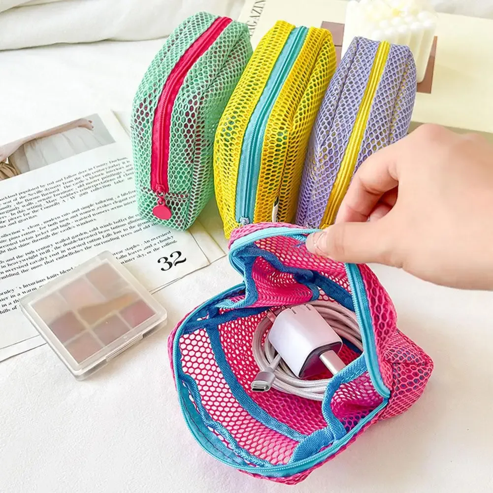 mini pochette en maille dopamine, étui carré coloré pour écouteurs, trousse à cosmétiques portable pour rouge à lèvres, organiseur de rangement respirant pour articles de toilette