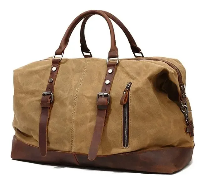 sac de voyage pour homme en toile cirée imperméable et cuir, sac à main, sac de cabine, grand sac fourre-tout vintage, sac de week-end, grand sac de nuit.