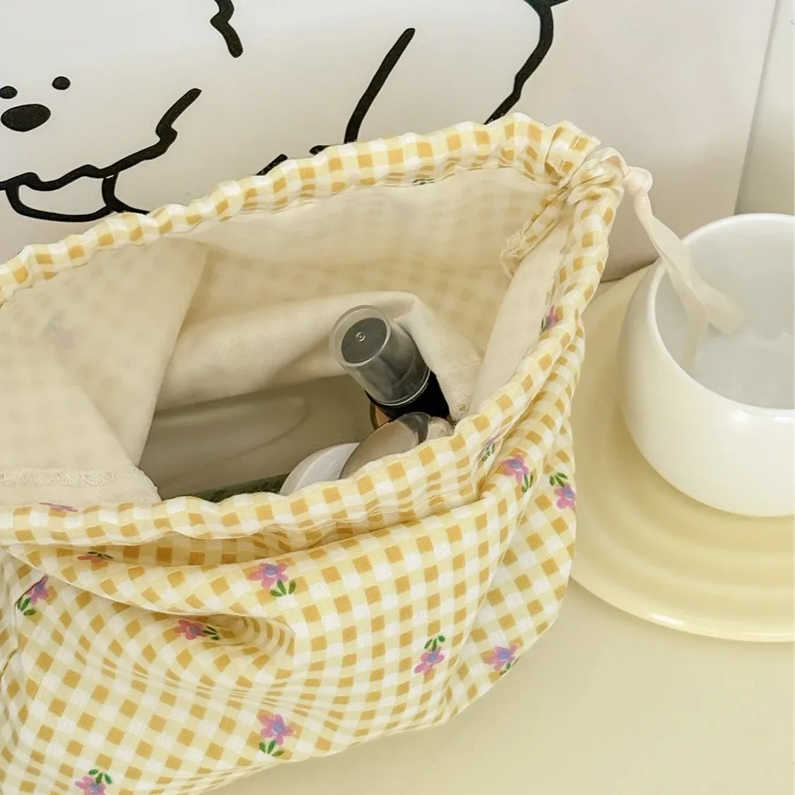 sac à cordon jaune à motif floral, sacs de rangement de voyage en tissu, sacs de tri portables pour articles divers, grandes pochettes à cordon