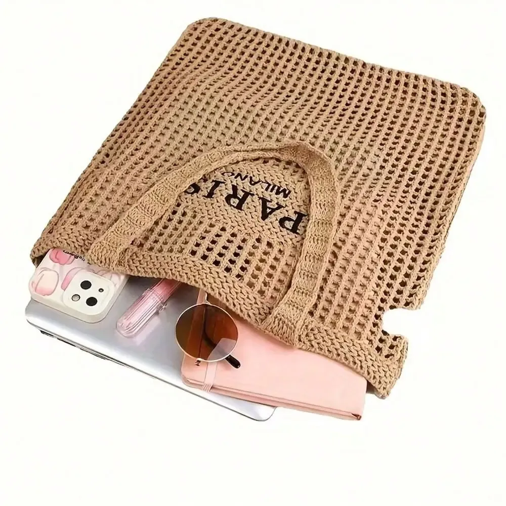 Sac fourre-tout tricoté pour femme - Sac à bandoulière ouvert avec inscription Paris, sac de plage et de voyage respirant, tissu lavable, accessoire de shopping décontracté, design tissé durable, exclusif pour les passionnés de mode