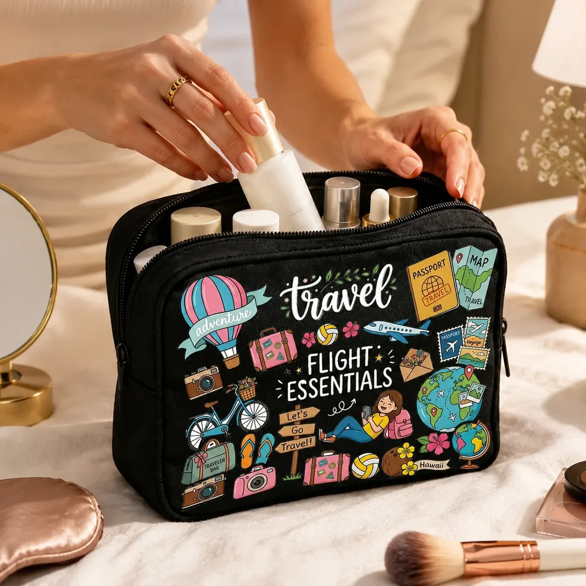 trousse de toilette de voyage pour femme, imprimé coloré flight essentials, organiseur de maquillage portable à fermeture éclair pour la plage, les vacances et les bagages