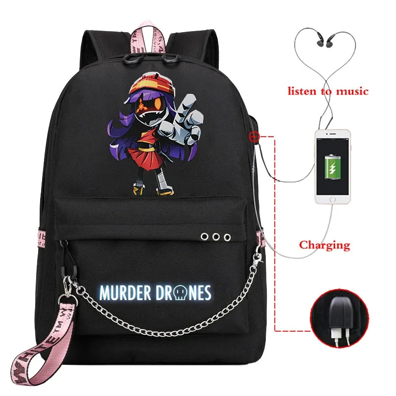 sac dos toile dessin animé personnages colorés logo murder drones chaîne métallique câble usb voyage capacité 20 35 litres