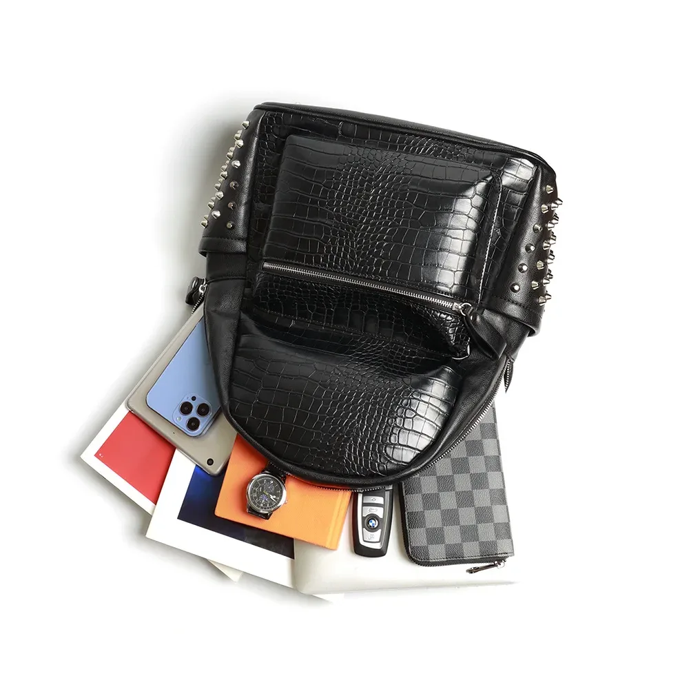 sac dos cuir pu noir motif alligator bandoulière arquée fermeture éclair polyester intérieur poche téléphone capacité 20 35 litres voyage
