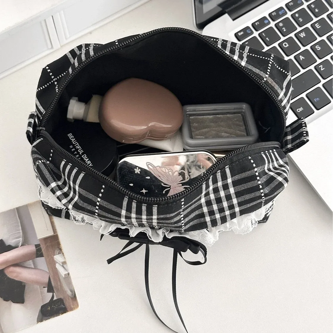 sacs à cosmétiques en toile avec nœud en dentelle pour femmes, pochette portable pour dames, étui de maquillage pour rouge à lèvres, sac de rangement à la mode