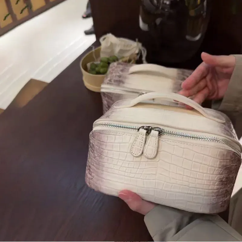 nouveau style européen et américain, trousse de maquillage en cuir de vachette de première qualité à motif crocodile, tendance, en cuir véritable, grande capacité, voyage