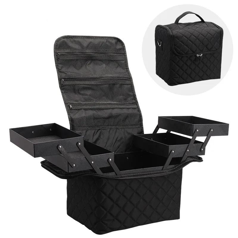 sac à main de maquillage à carreaux de grande capacité pour femmes, boîtes à cosmétiques, trousse d'art d'ongle à fermeture éclair, mallette de rangement, évalué professionnel
