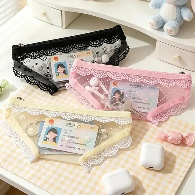 trousse de maquillage transparente en dentelle et résille, forme de sous-vêtement mignon, pochette de rangement pour crayons, quotidien/voyage