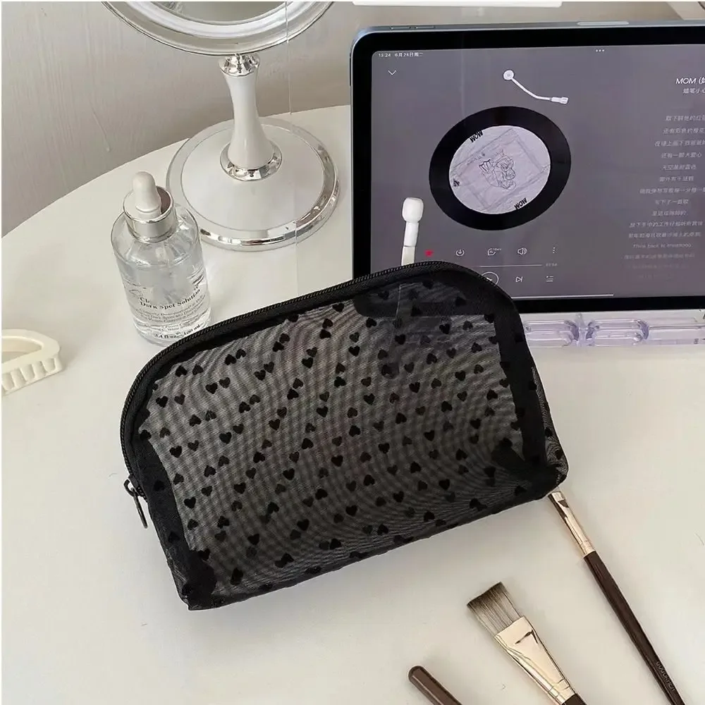 trousse de maquillage transparente grande capacité à fermeture éclair, motif cœur et points ondulés, sac de rangement cosmétique, trousse de toilette de voyage