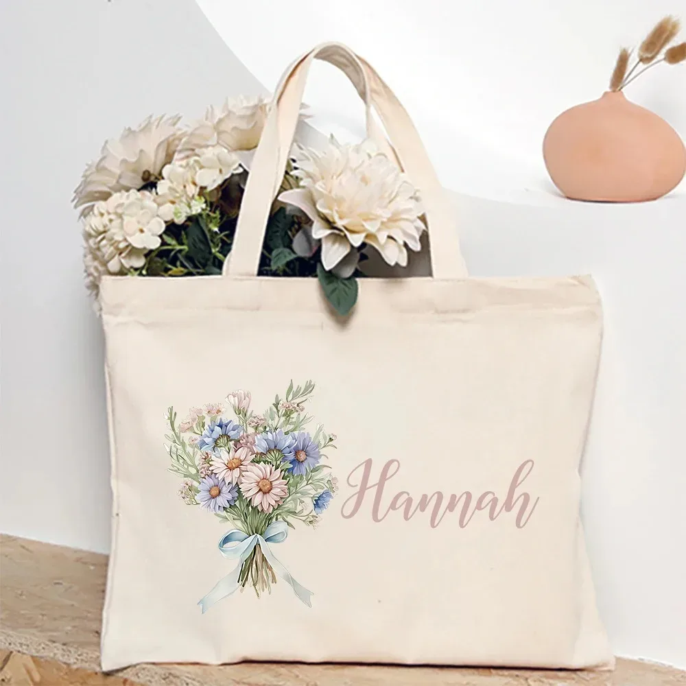 sac à bandoulière personnalisé avec fleur du mois de naissance et nom, sac fourre-tout en toile monogramme, idéal pour mariage, anniversaire, fête, meilleur cadeau pour elle
