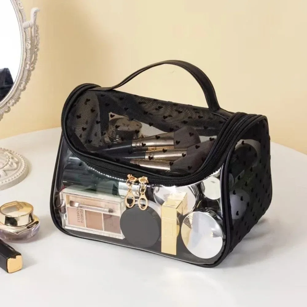 sac de maquillage portable grande capacité en maille, motif cœur, avec fermeture éclair, organiseur de toilette, sac de rangement transparent pour extérieur