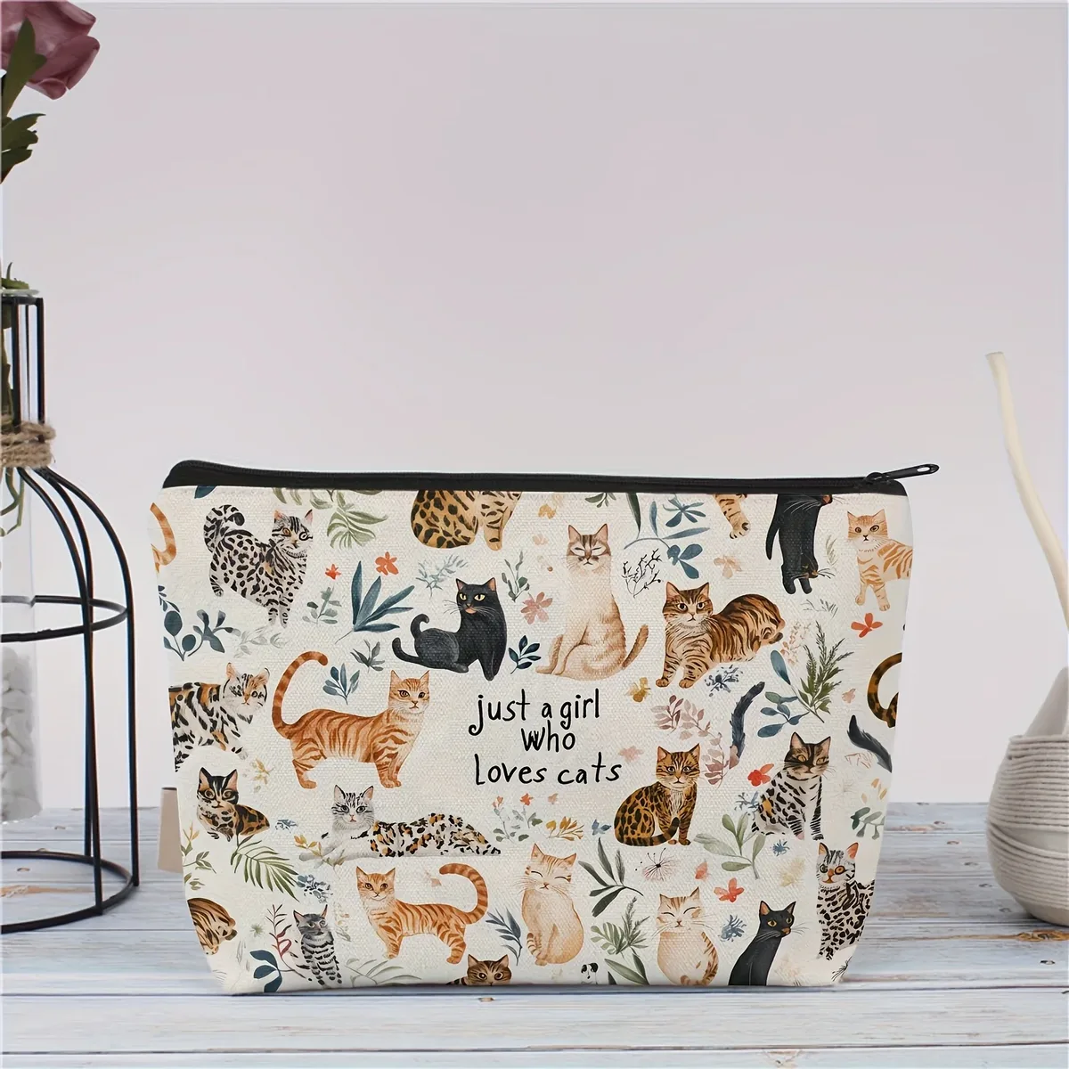 sac à cosmétiques chic vintage imprimé chat, pochette de maquillage légère pour femmes et hommes, porte-monnaie, sac de rangement, trousse à crayons à fermeture éclair