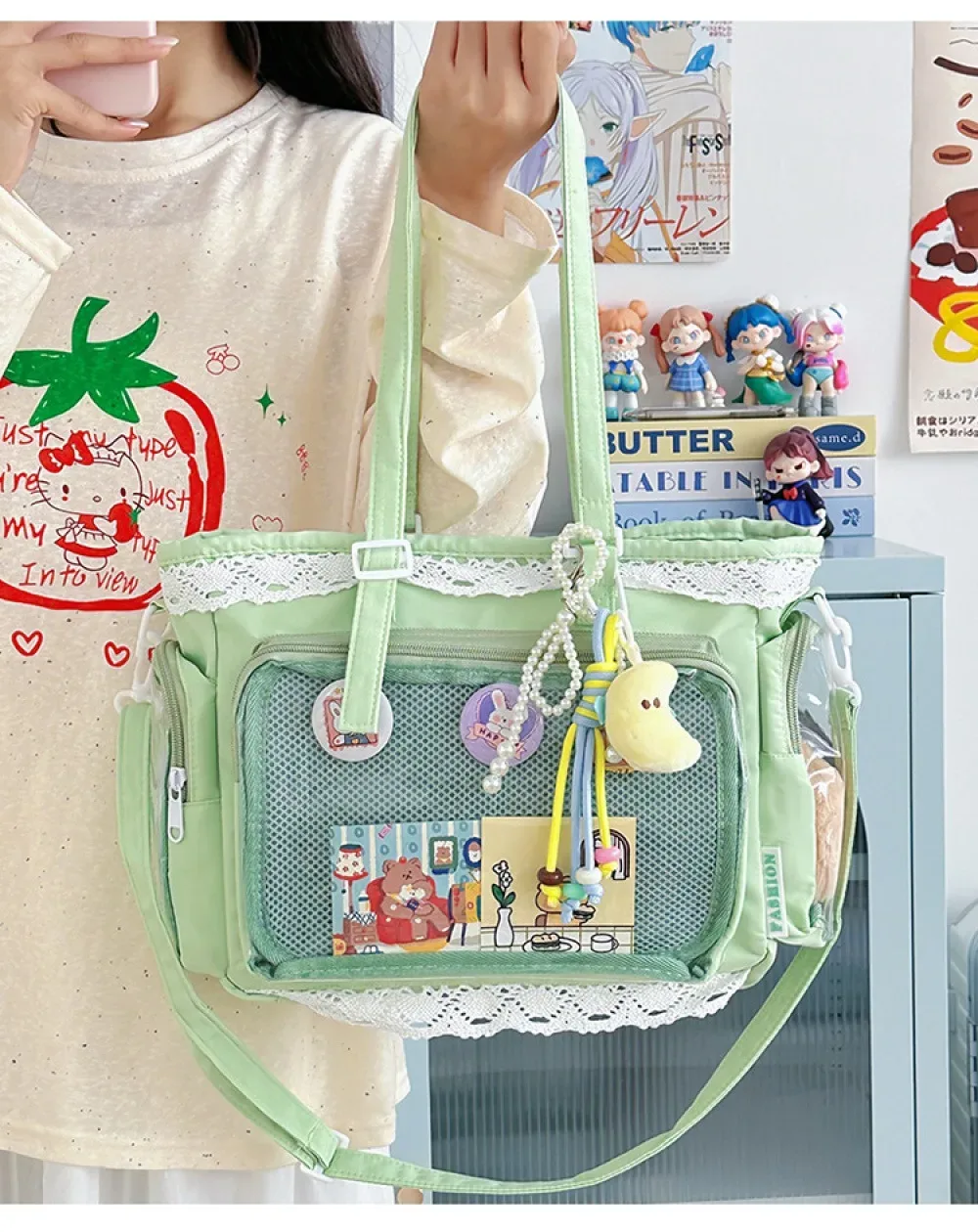 sac fourre-tout ita bag kawaii jaune en dentelle, grande capacité, avec fenêtre transparente pour l'affichage des badges anime, sac à bandoulière lolita mignon pour com