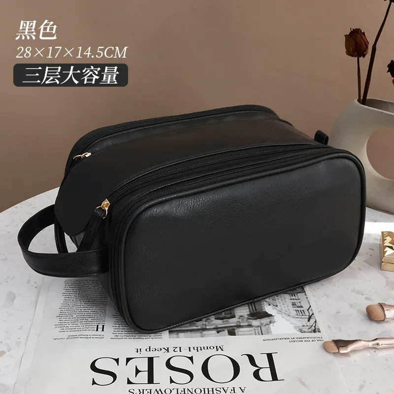 trousse de maquillage en cuir pu, grande capacité, sac de rangement de cosmétiques de voyage, sac à main portable pour femmes, trousse de toilette multifonction étanche