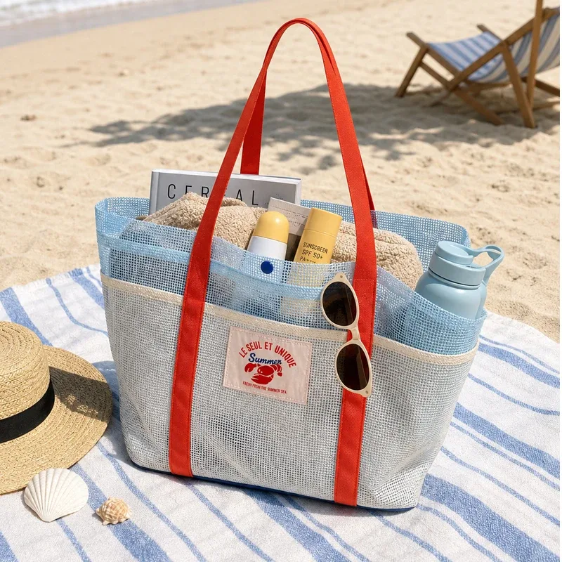 sac de plage grande capacité, résistant au sable, en maille, pour la plage, la piscine, les voyages, sac de rangement, design multi-poches, essentiel pour les vacances en famille
