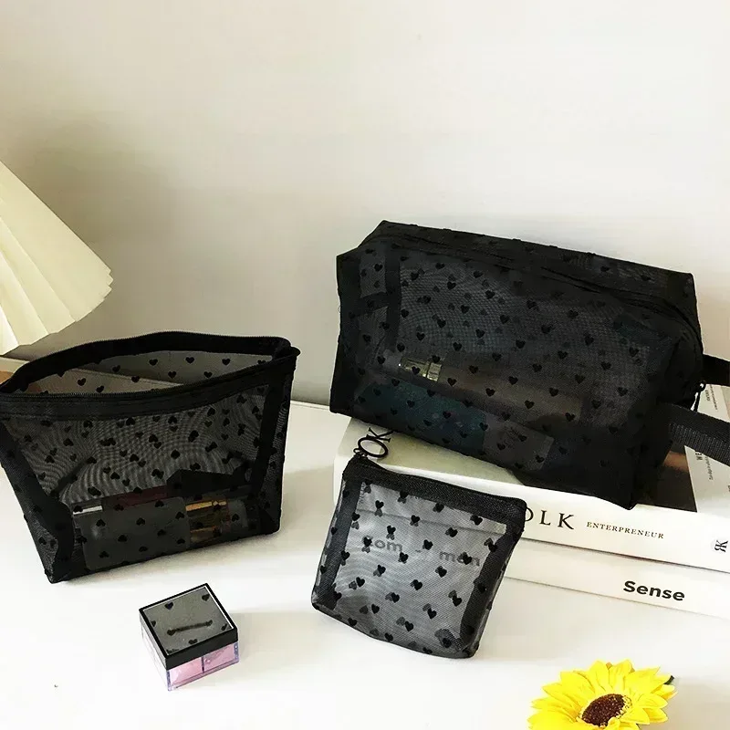 sac à cosmétiques en maille de nylon, organisateur de toilette en forme de cœur à fermeture éclair, sacs de maquillage multifonctionnels pour femmes, rouge à lèvres, clé, porte-monnaie
