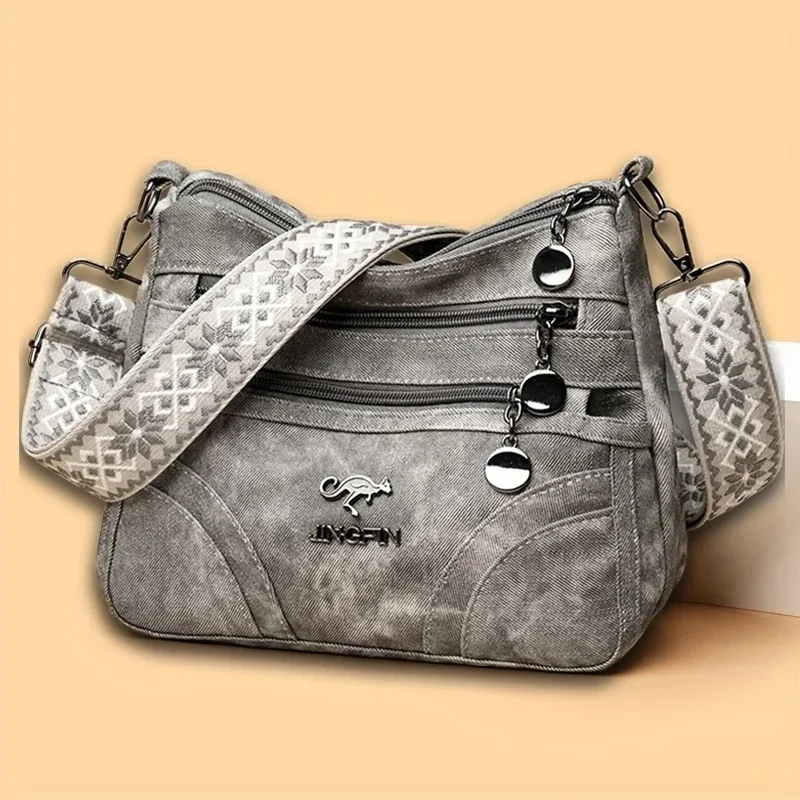 sac à bandoulière spacieux multi-poches pour femme, sac à bandoulière vintage en cuir souple avec sangle à motif ethnique pour la vie quotidienne