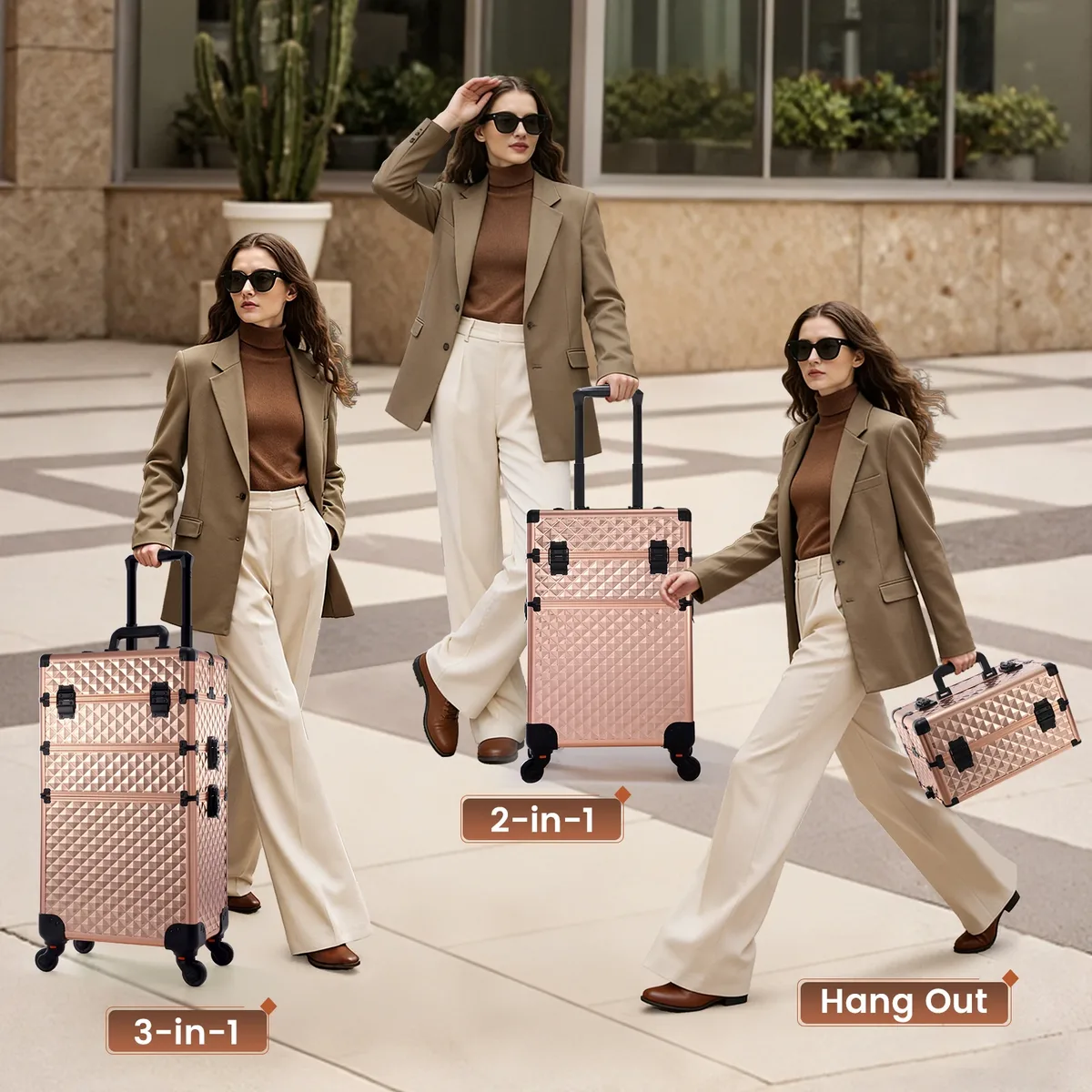 valise de maquillage 3-en-1 à cadre en aluminium, avec 4 plateaux, sur roulettes, portable, pour cosmétologie, coiffure et outils de manucure, avec organisateurs de rangement