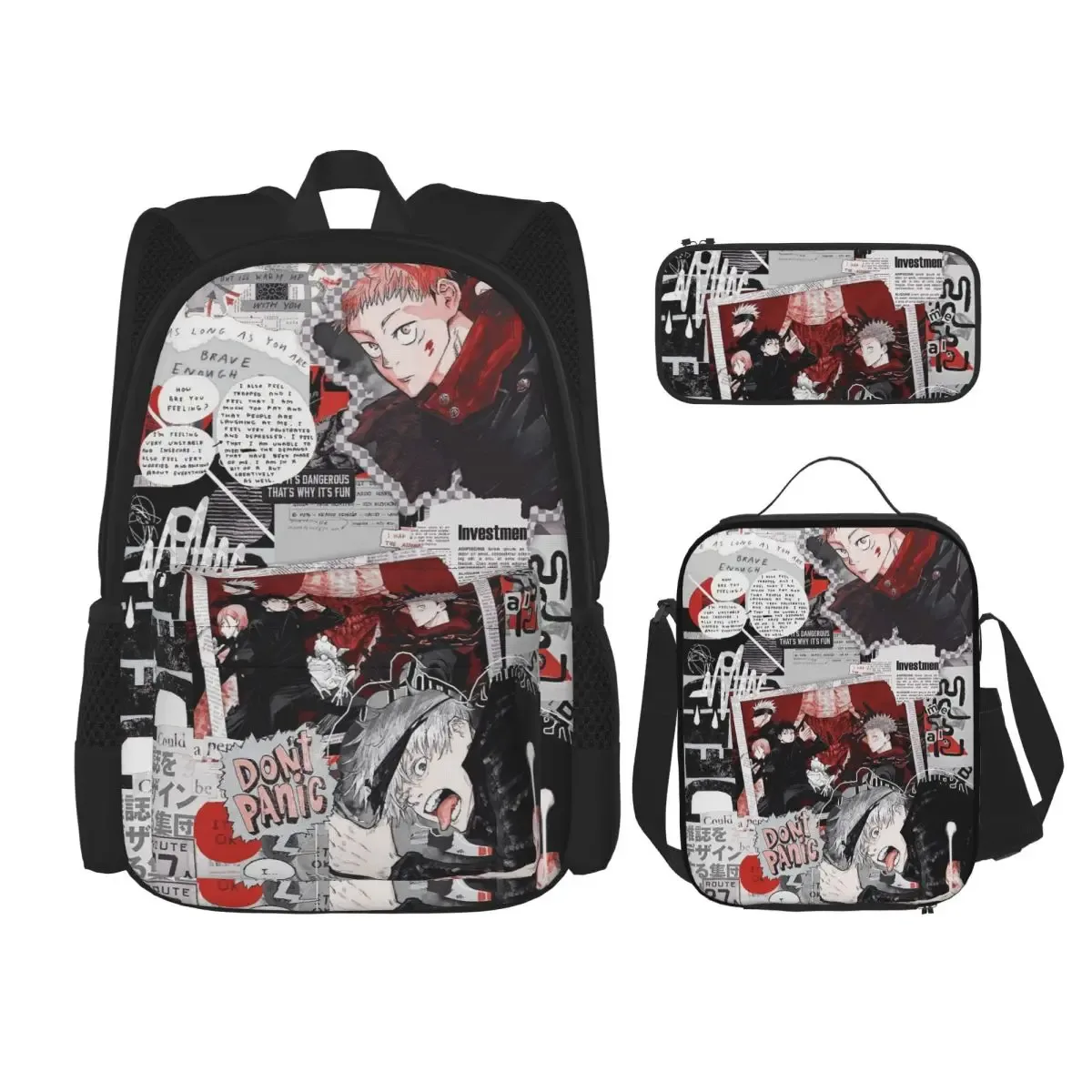 sac dos polyester noir motif animé format grand volume usage étudiant lycéen informatique bandes latérales pochette stylos sac main assorti
