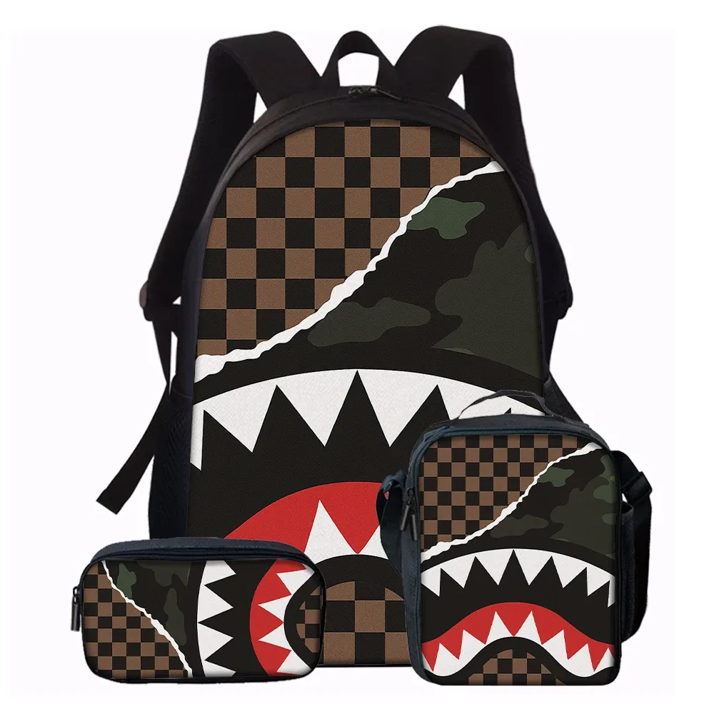 sac dos polyester requin dents camouflage carreaux bleu gris beige noir usage quotidien école aventures