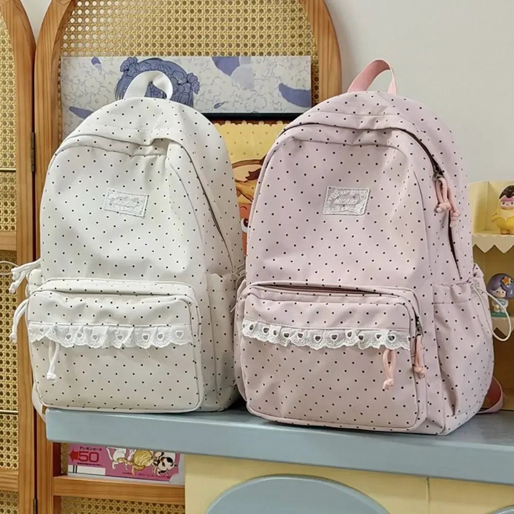 sac à dos tendance à pois, design minimaliste avec nœud, garniture en dentelle, sac à dos durable grande capacité pour étudiant, cadeau