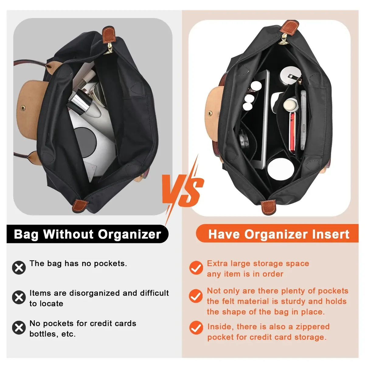 organisateur de sac, insert en feutre pour sac à main, insert portable pour maquillage et voyage, organisateur de sac à main, sac intérieur pour sac fourre-tout de grande taille