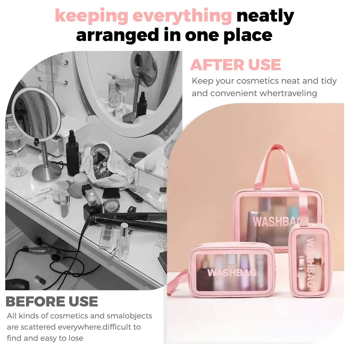 sac cosmétique 2 en 1, sac transparent pour soins de la peau, grande capacité, pvc semi-transparent givré, sac de rangement portable, pu 1/3 pièce