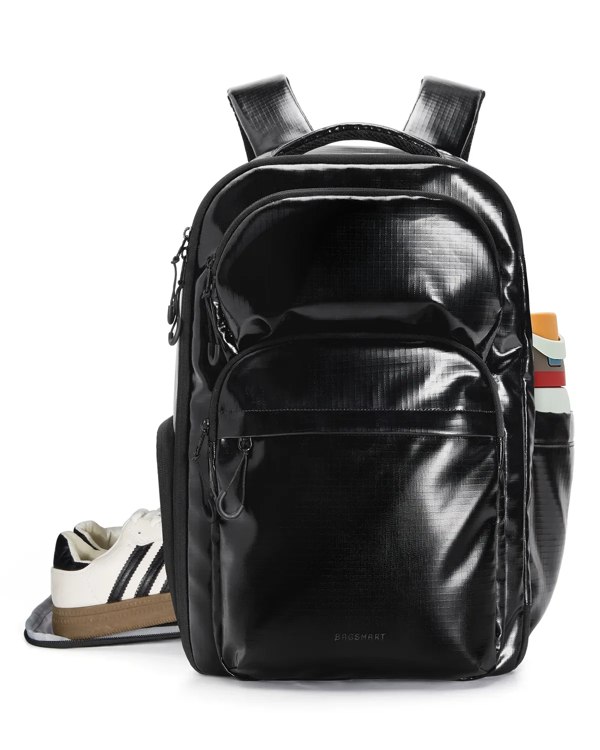 sac dos polyester beige forme rectangulaire poches latérales compartiment chaussures capacité 27l usage voyage école affaires