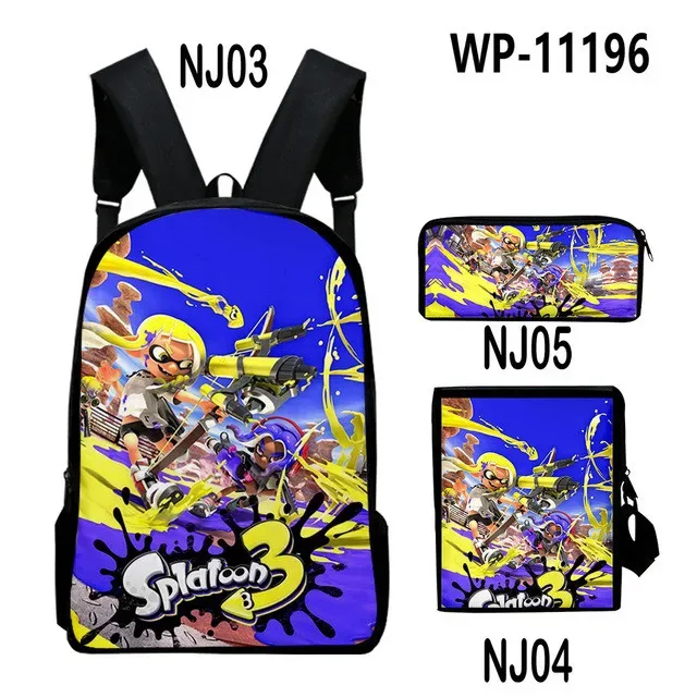 splatoon-sac à dos pour ordinateur portable, sac à bandoulière incliné, trousse à crayons, sac à dos pour 3 élèves, jeu de mode créatif, ensemble de 3 pièces