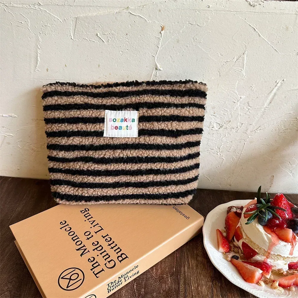 pochette rétro rayée pour femmes, sac à cosmétiques, trousse de toilette en peluche, sacs de maquillage, pochette de maquillage, étui de voyage, organisateur de cosmétiques
