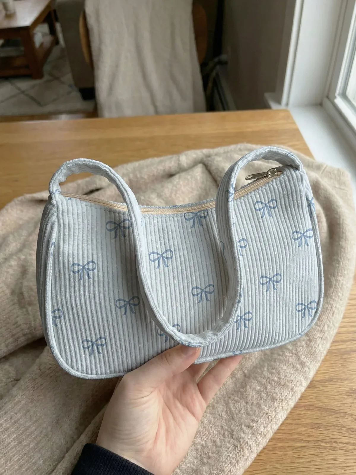 sac à bandoulière tendance bleu clair à imprimé nœud, sac sous le bras en velours côtelé pour un usage quotidien décontracté