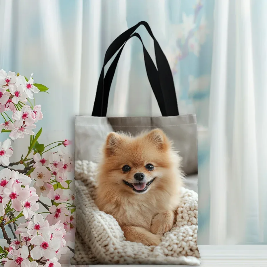 sac à main motif chien poméranien joyeux, imprimé panier de fleurs roses, sac fourre-tout en toile grande capacité, sac de shopping pratique.