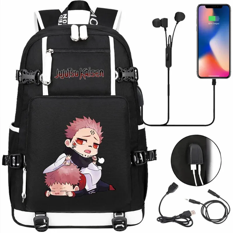 jujutsu kaimmer-sacs à dos college pour hommes et femmes, cartable anime pour adolescents, port de charge usb décontracté, sacs d'extérieur pour ordinateur portable, noir, mochila