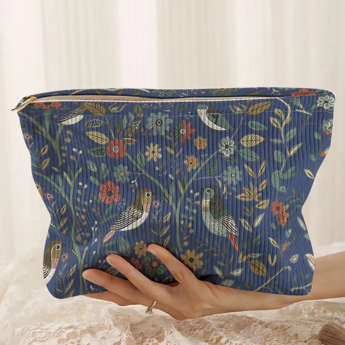 1 pièce, trousse de maquillage en velours côtelé avec motif d'oiseaux et de branches, légère et multifonctionnelle pour le rangement des cosmétiques.