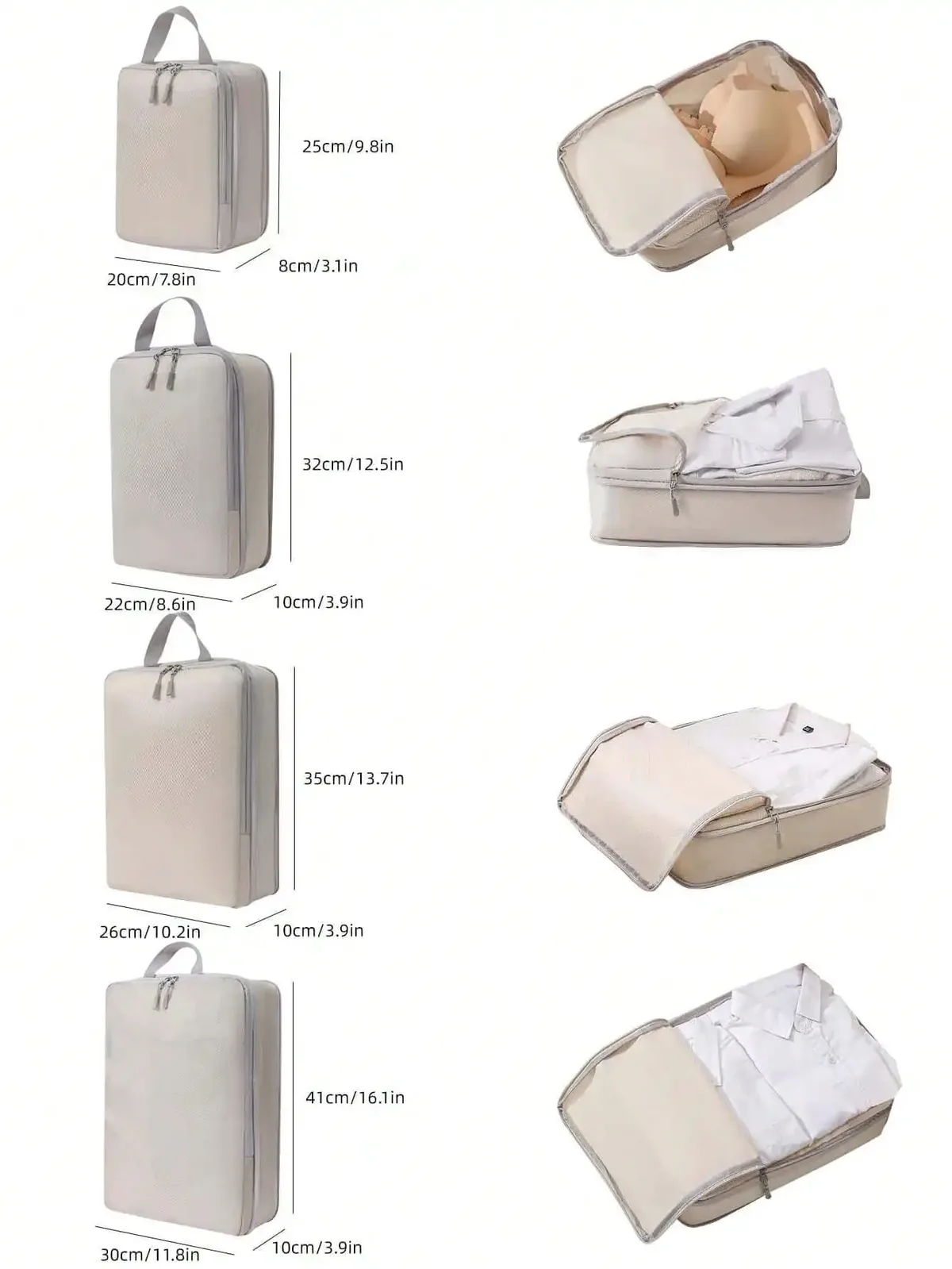 organisateur voyage polyester gris clair poignée noire fermeture glissière compressible sac chaussures rangement cube traçabilité usage polyvalent