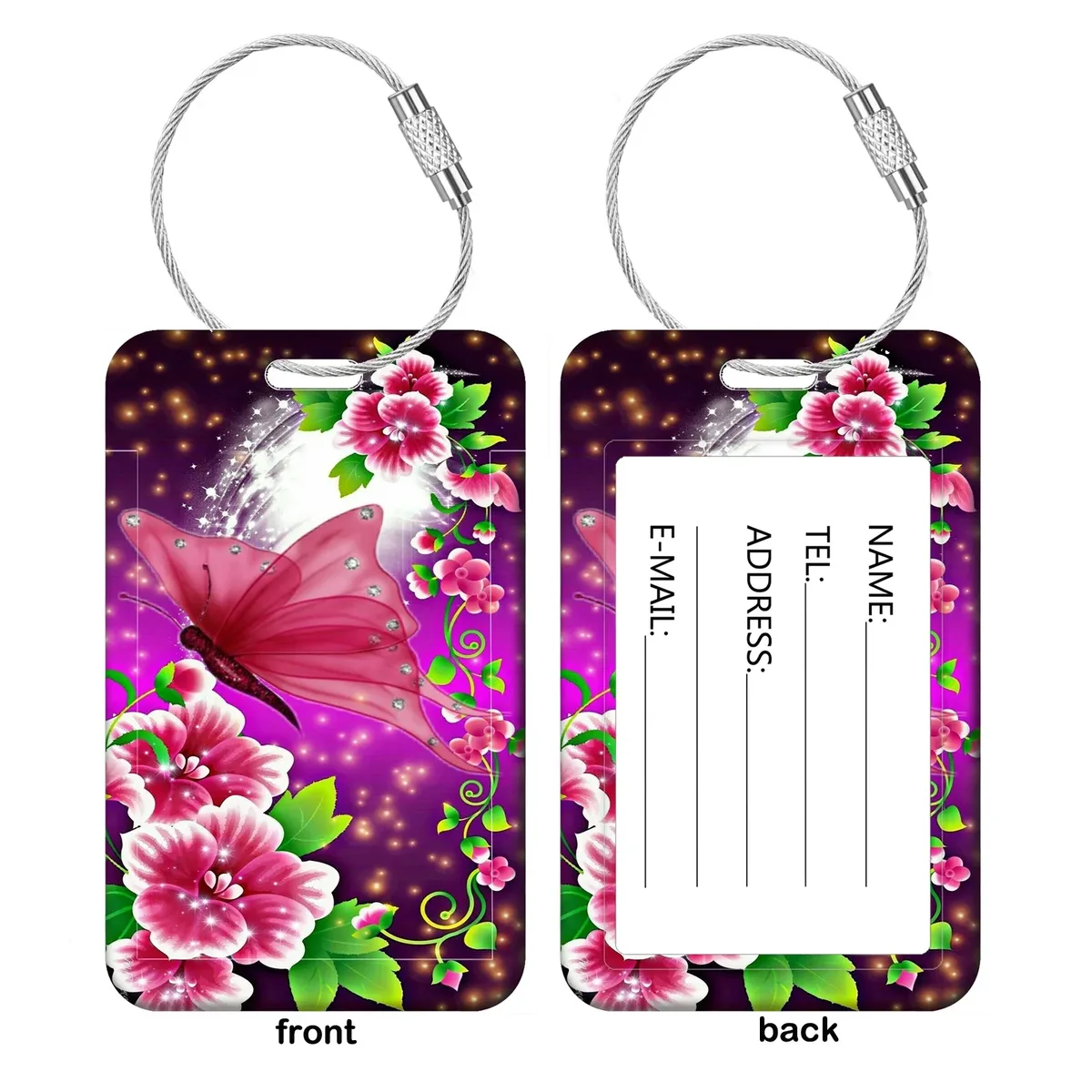 étiquette de bagage style plume de papillon pour valises, étiquette d'identification de voyage fleurie pour sacs à dos féminins, porte-adresse, accessoires
