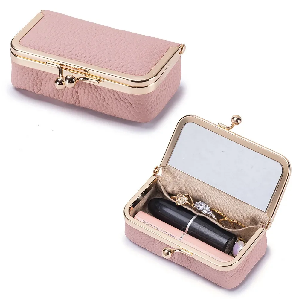 pochette à rouge à lèvres portable avec miroir de maquillage, sac à bijoux en cuir exquis, sac cosmétique multifonctionnel de couleur unie pour le rangement