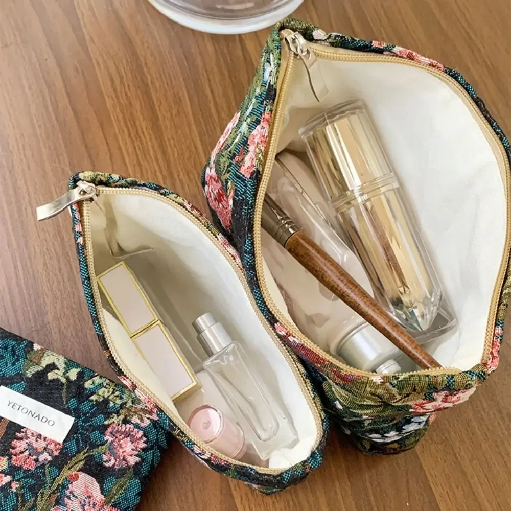 pochette en toile de polyester à motif floral, grande capacité, pochette de rangement pour cosmétiques, fermeture éclair portable, trousse de maquillage