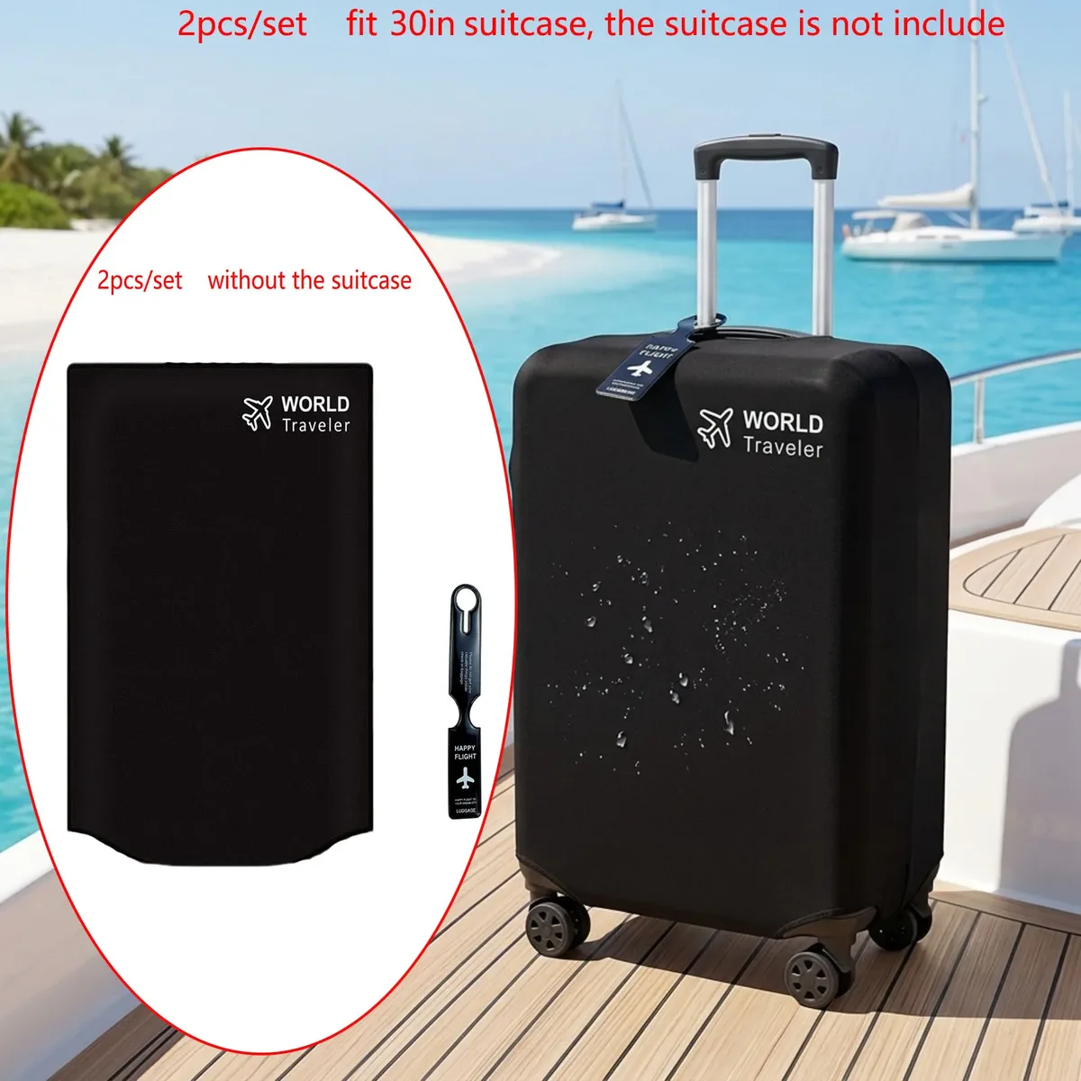 housse valise protection tissu non tissé noire logo avion étiquette bagage texte happy flight identification voyage