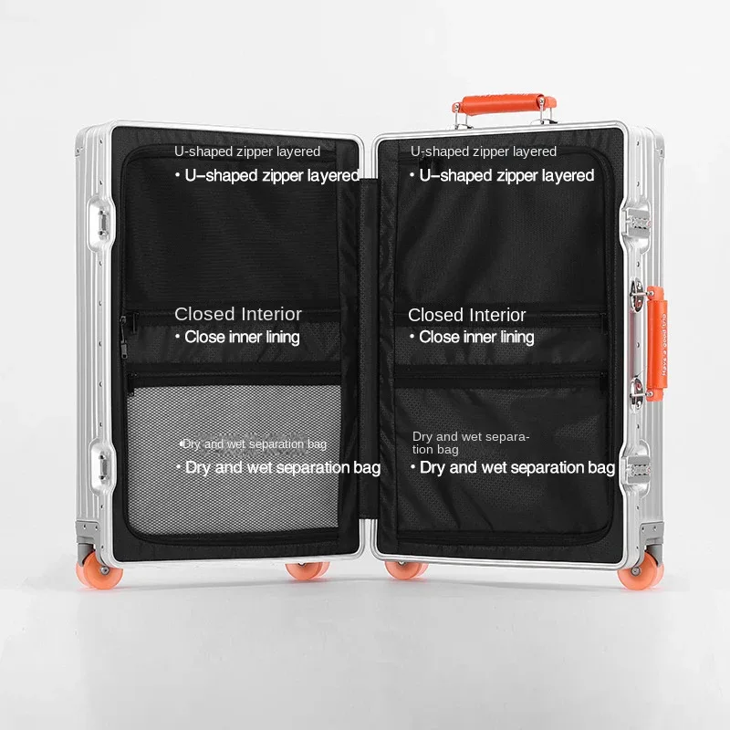 valise aluminium argenté roulettes oranges toupies ergonomiques poignées verticales voyage affaires élégante robuste durables