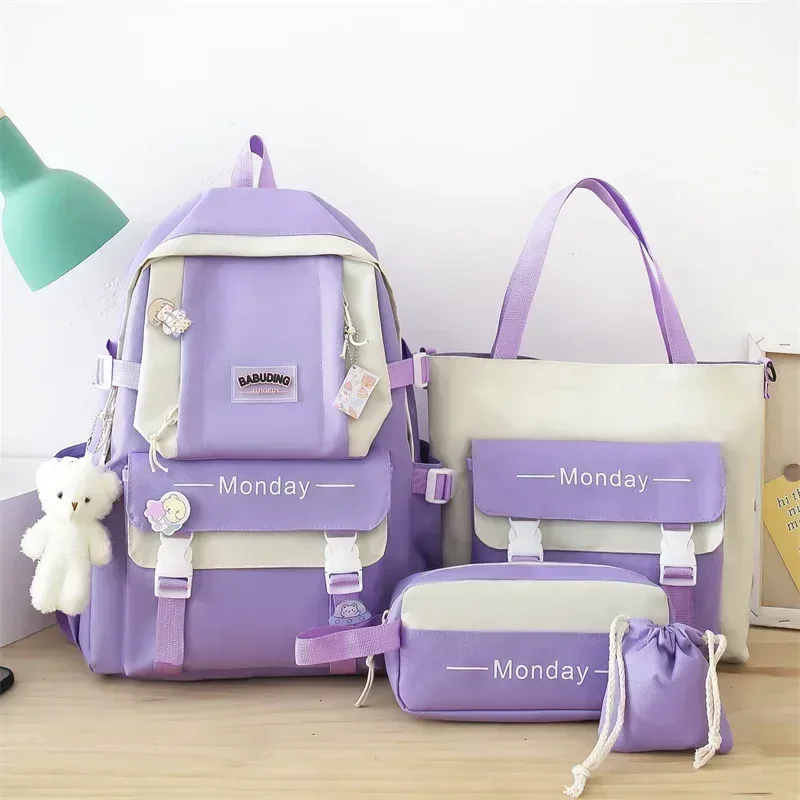 sac dos nylon rose blanc gris latérale monday enfants femmes école bandes fixation poignées pratiques travaux compartiments accessoires ensemble