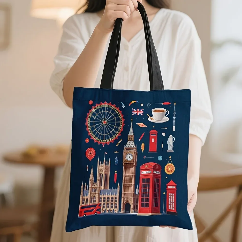 Sac fourre-tout réutilisable pour courses, pour femmes, design sur le thème de Londres, Big Ben, cabines téléphoniques rouges, Union Jack, sac de courses en toile de grande capacité