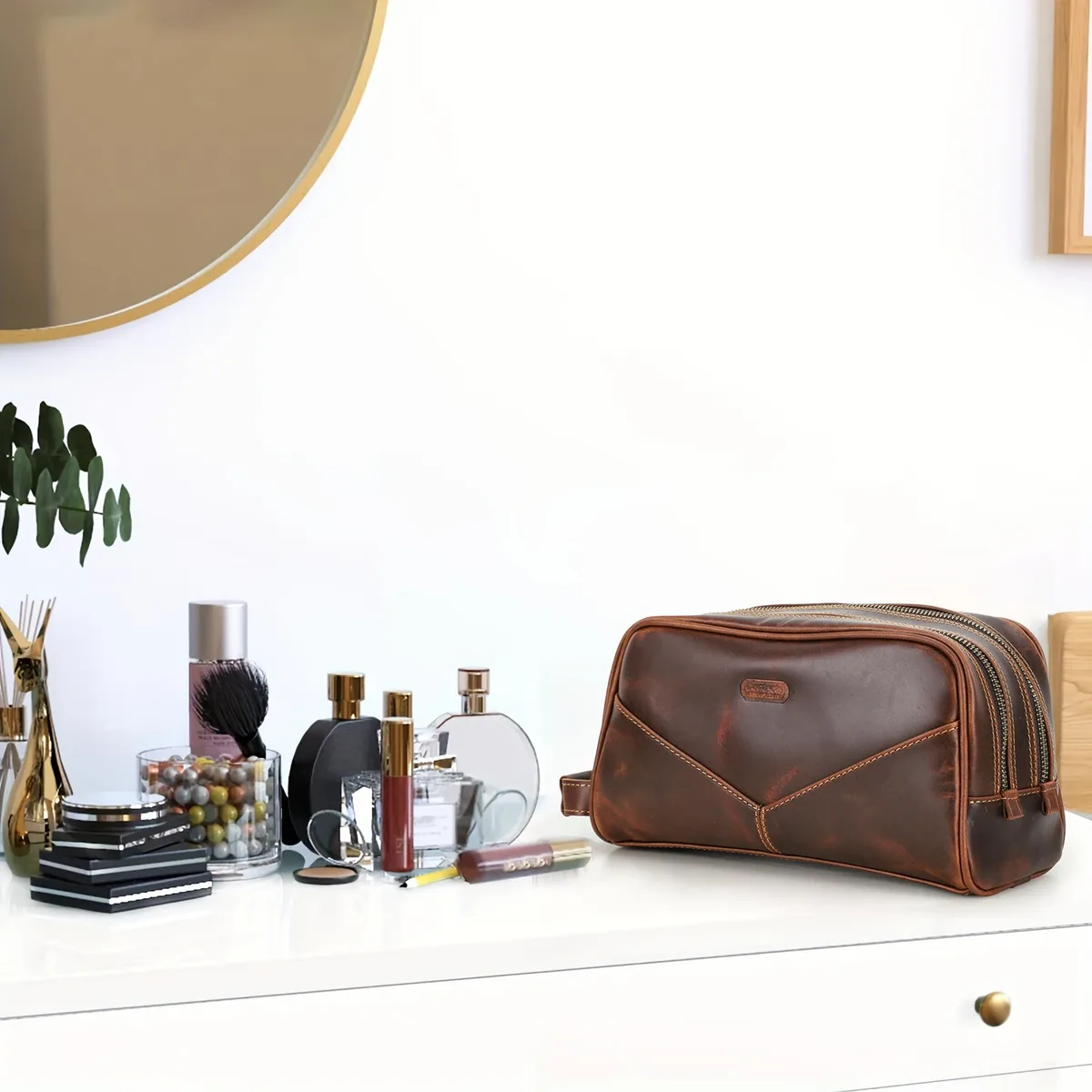 trousse de toilette pour homme en cuir crazy horse vintage, sac de maquillage, trousse de voyage, sac de rangement pour produits de beauté, double fermeture éclair, organisateur pour homme.