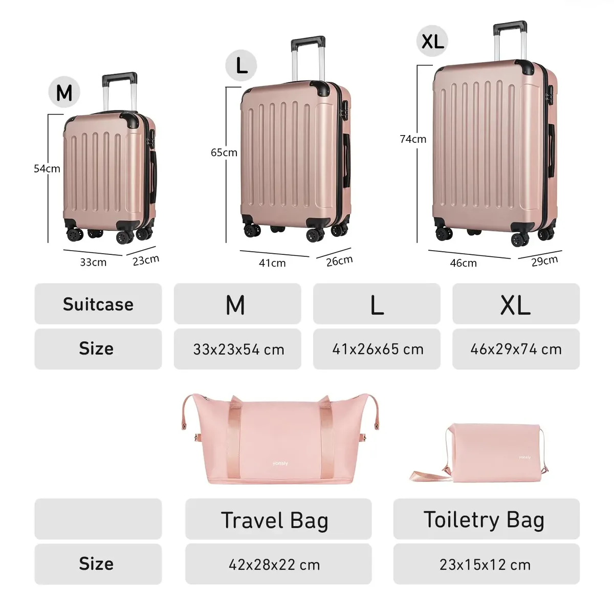ensemble de 5 valises yonsly 20/24/28 pouces, sac de voyage et trousse de toilette avec 4 roues 360° ° ensemble de valises à roulettes avec serrure à combinaison, fermetures éclair doublement renforcées, poignée en caoutchouc souple et sac en filet intégré.