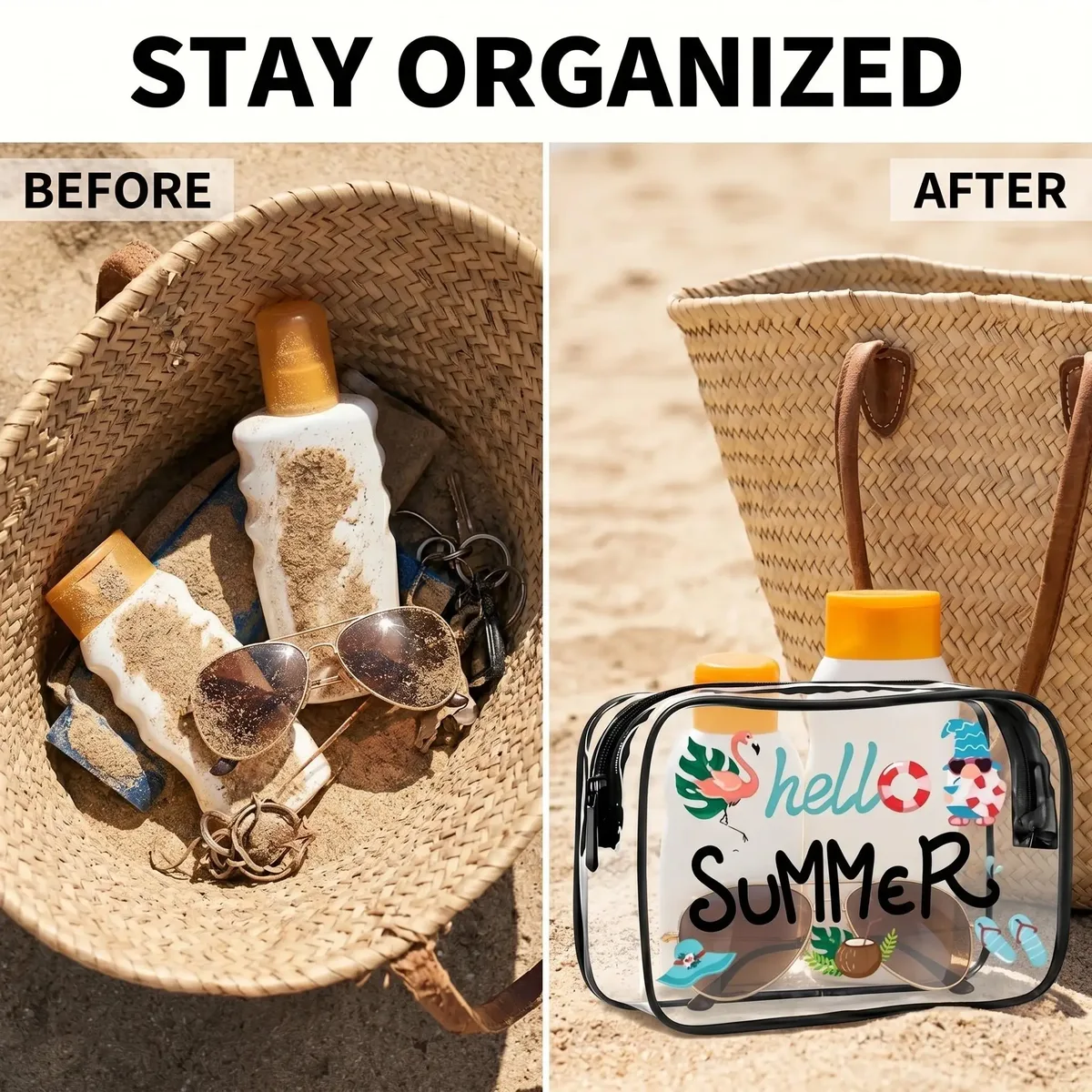 trousse toilette pvc transparent motif hello summer bleu flamants roses lunettes soleil chaussons voyage cosmétiques maquillage