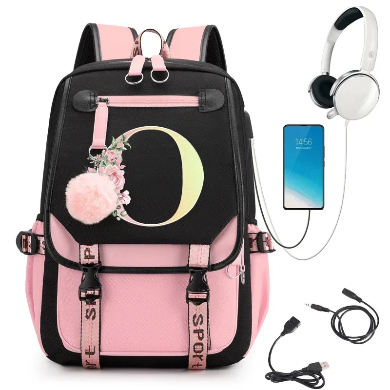 sac à dos rose graphique or imprimé lettre fleur a-z alphabet épaule sac adolescente mode fille sac à dos lycée sacs à dos