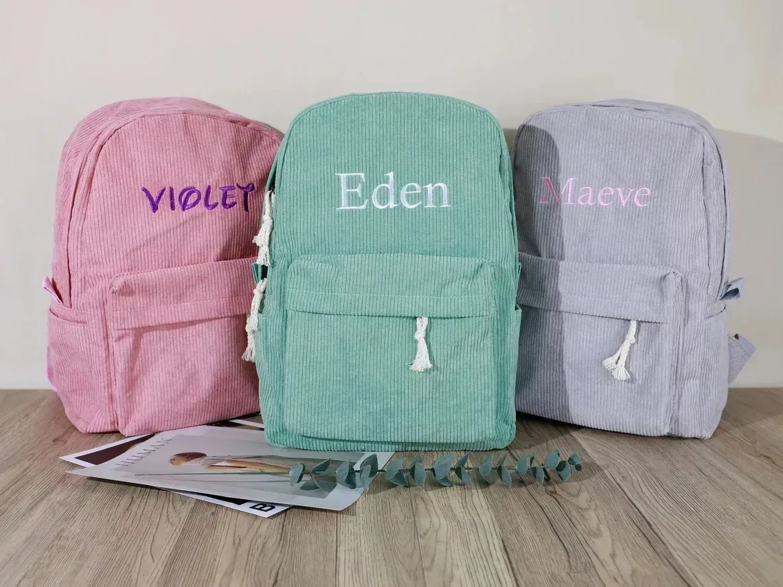 sac à dos d'école personnalisé pour tout-petits, sac en velours côtelé avec nom brodé, cadeau d'anniversaire pour enfants, sac à dos pour ordinateur portable de rentrée scolaire pour chi