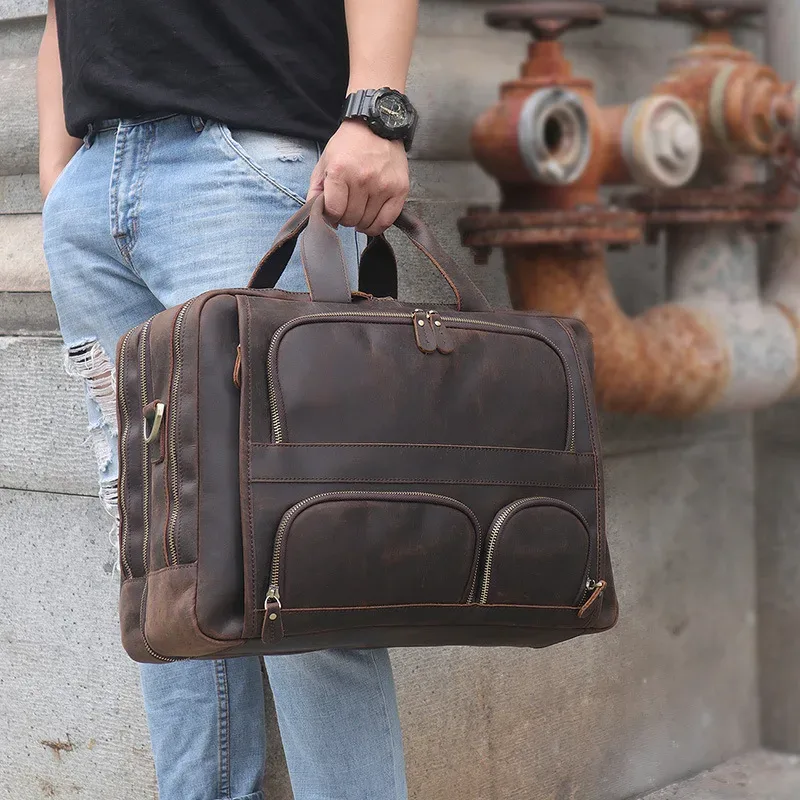 sac d'affaires en cuir véritable pour homme, étui à bombes multifonction, sac de voyage pour homme, fourre-tout vintage, grand sac initié, cheval élan, ordinateur portable 17"