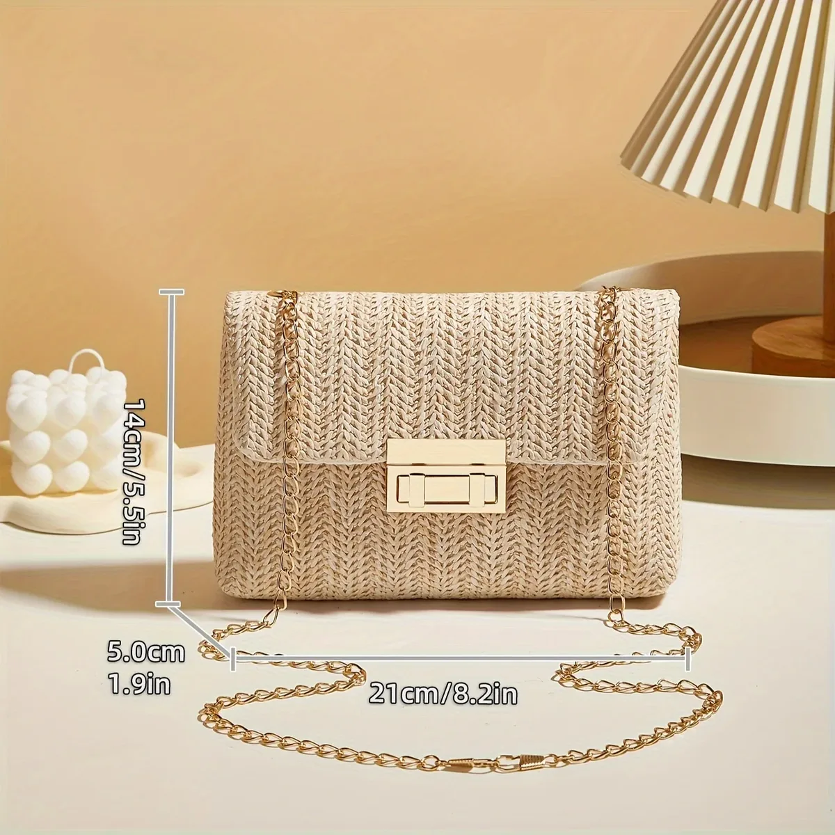 sac à bandoulière tissé à la main en paille pour femmes, sac à main à bandoulière de couleur unie avec fermeture à serrure