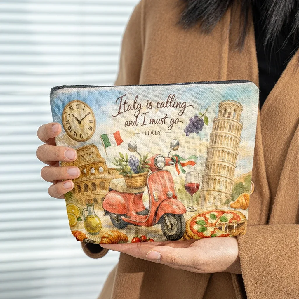 pochette cosmétique 1 pièce, sac à maquillage en lin à thème voyage italien, pochette cosmétique légère avec fermeture éclair pour femme