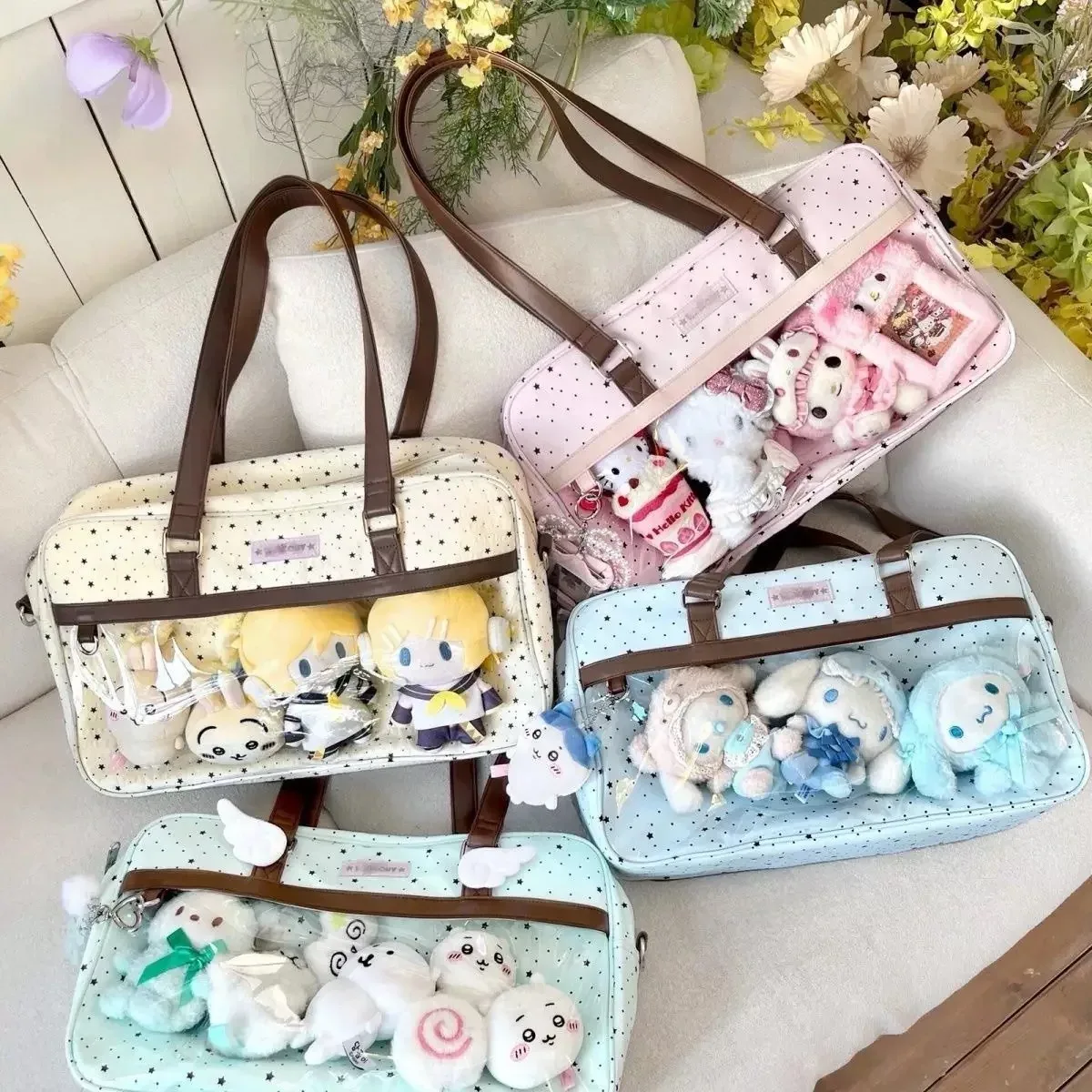 Nouveau Y2k mignon dentelle Ita sac grande capacité Lolita filles poche transparente bricolage Badge affichage sac à bandoulière décontracté à pois sac à main